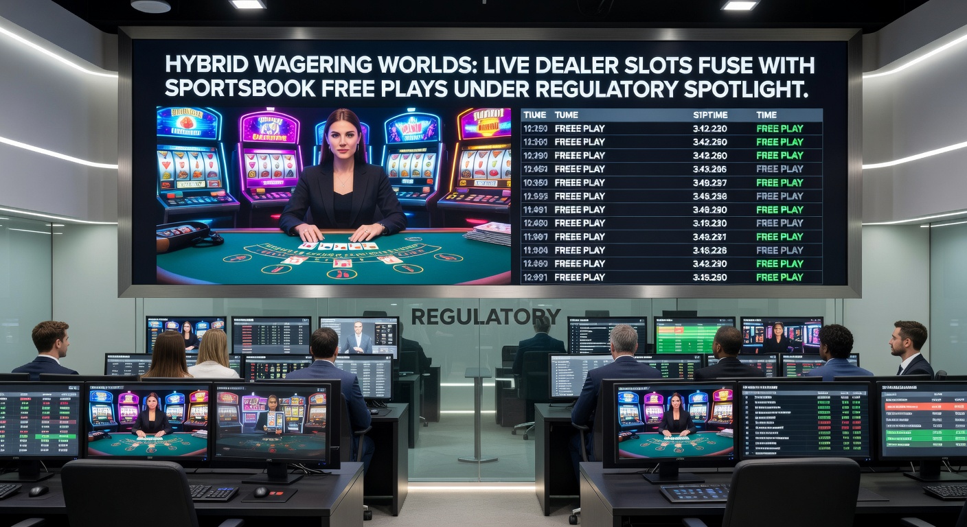 Voorbeeld van een hybride interface met live dealer slot actie naast sportsbook free play opties en odds-display