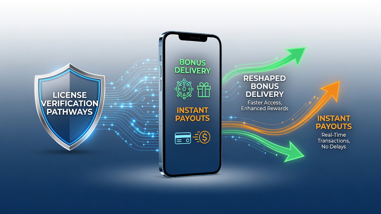 Mobiele app interface met licentieverificatie en bonusuitkering in sportweddenschappen