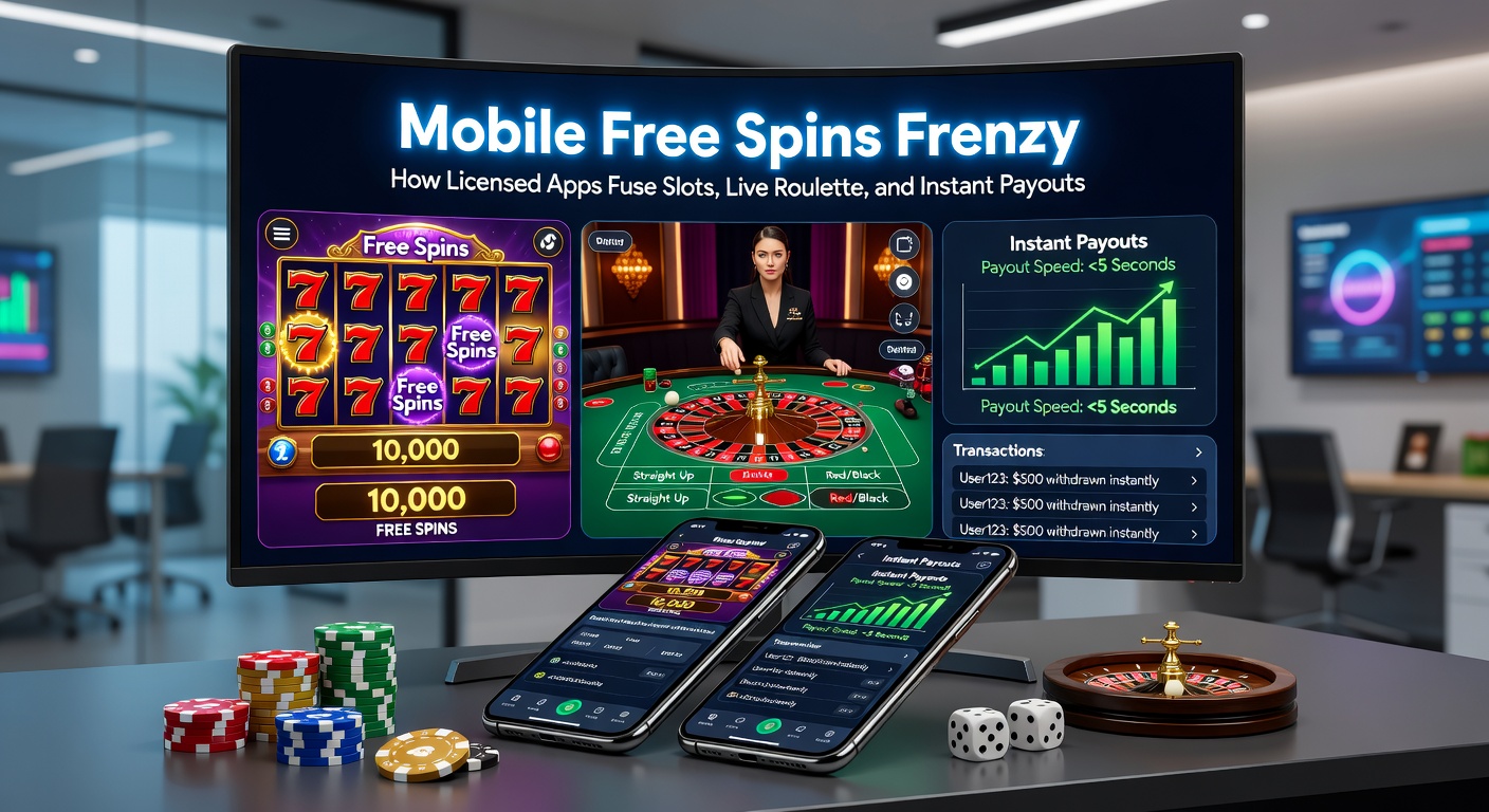 Close-up van een smartphone met live roulette stream, slots free spins teller en directe uitbetaalknop zichtbaar, tegen achtergrond van casino lichten