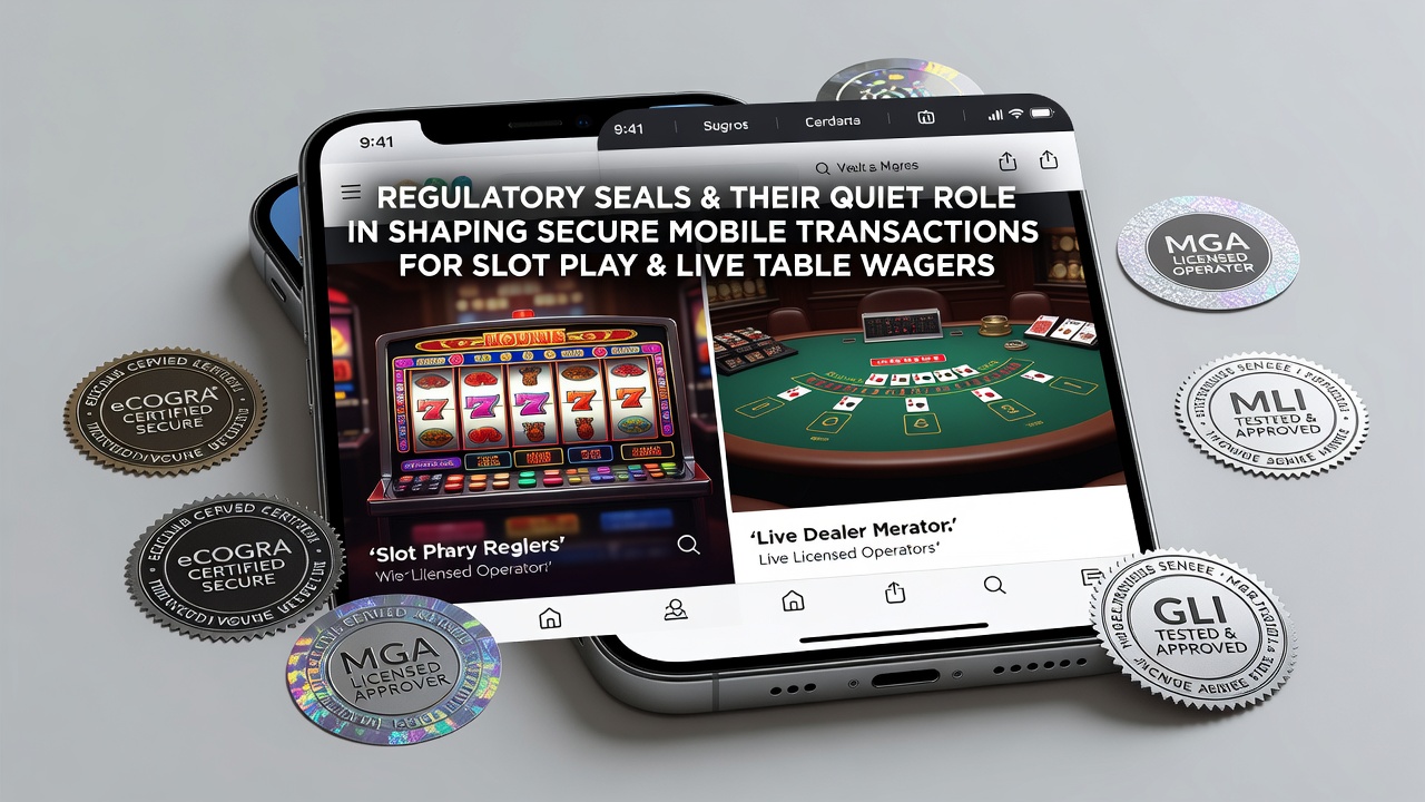 Illustratie van mobiele transacties met regulatoire keurmerken en beveiligde slot- en live spellen
