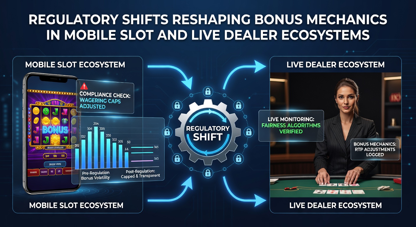 Illustratie van mobiele slot- en live dealer interfaces met bonusindicatoren onder toezicht van toezichthouders