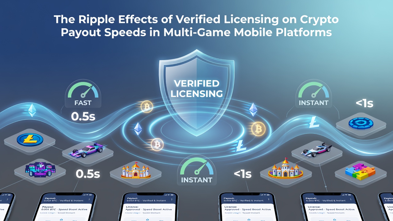 Illustratie van mobiele gameplatforms met crypto-transacties en licentieverificatie
